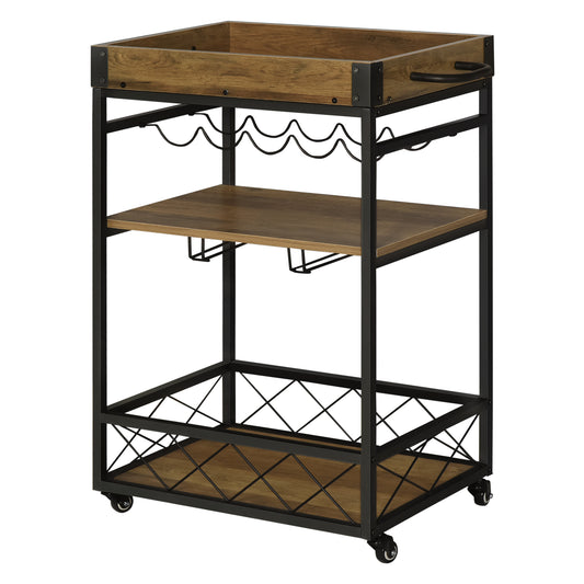 HOMCOM Industrial Chic Bar Cart: Retro Rolling Kitchen Island with 5-Bottle Wine Rack and Serving Tray | Dipra Home