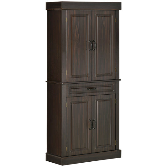 HOMCOM Coffee Wood Pantry Cabinet: 71" Tall Freestanding Kitchen Organizer with 4 Doors, 2 Cabinets & Drawer | Dipra Home