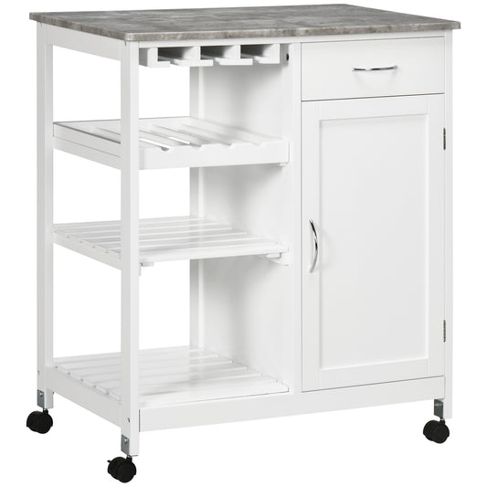 HOMCOM White Rolling Bar Cart: Kitchen Trolley with Wine Rack, Drawer, Cabinet & Faux Marble Top for Dining | Dipra Home