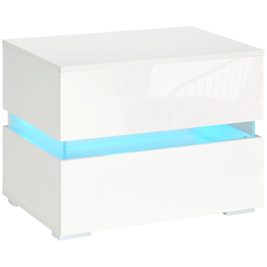 HOMCOM Luminous Bedside Companion: White High-Gloss Nightstand with USB RGB LED Lights, 2 Drawers, Remote Control, Modern Furniture | Dipra Home