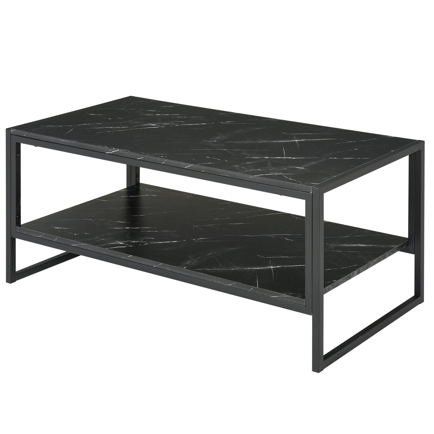 HOMCOM Black 2-Tier Coffee Table: Cocktail Table with Marble Textured Top, Storage Shelf for Living Room, Bedroom, Dorm | Dipra Home