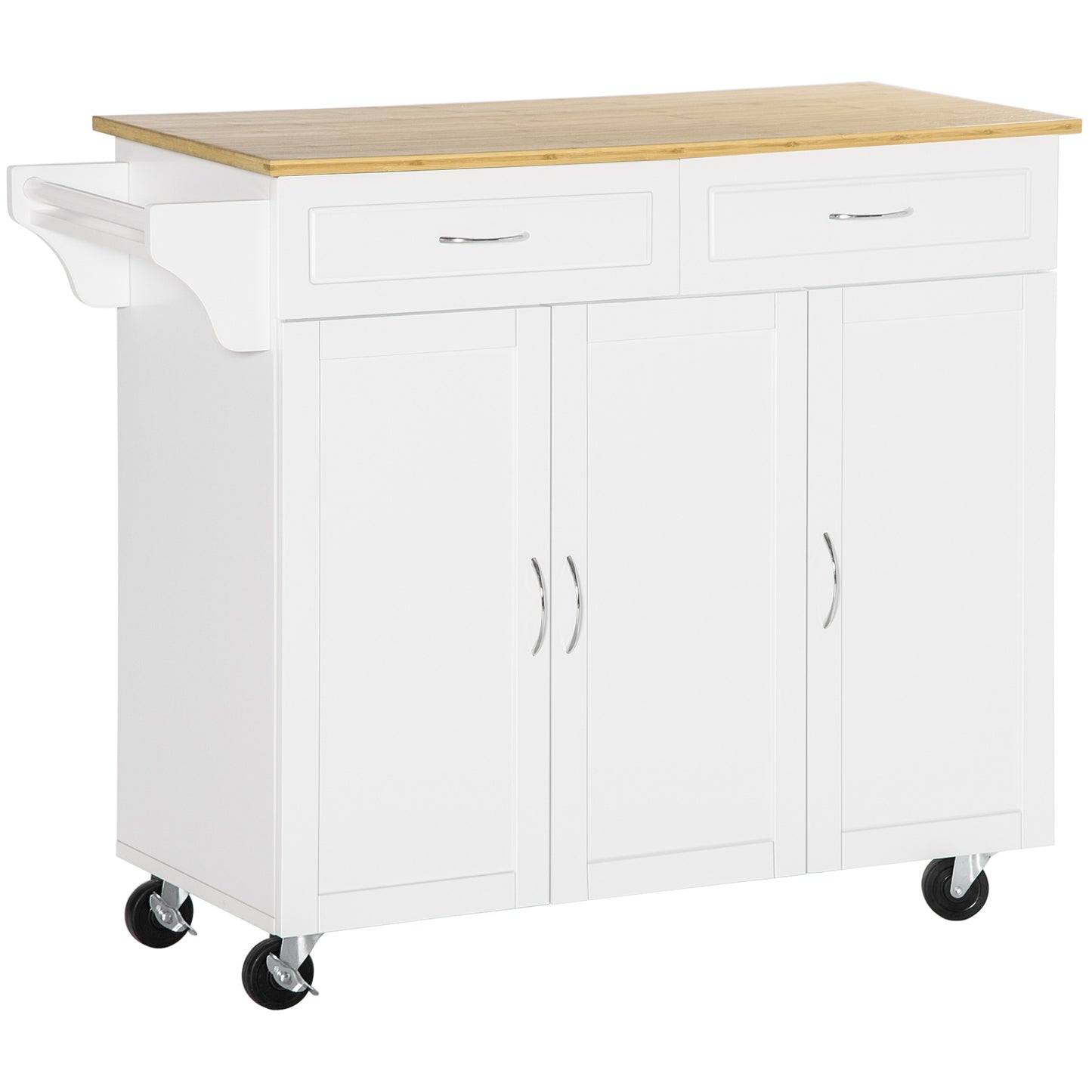 HOMCOM Rolling Kitchen Island: Large Bamboo Top, 2 Cabinets with Drawers & Adjustable Shelves, White | Dipra Home