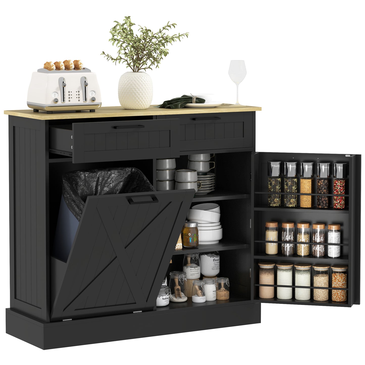 HOMCOM Hidden Garbage Bin Cabinet, Tilt Out Trash Cabinet w/ 2 Drawers, Freestanding Kitchen Island for Laundry, Black | Dipra Home