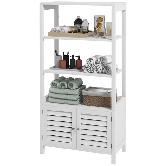 Kleankin Modern Linen Cabinet: White Bathroom Storage with Slatted Doors & 3 Open Shelves | Dipra Home