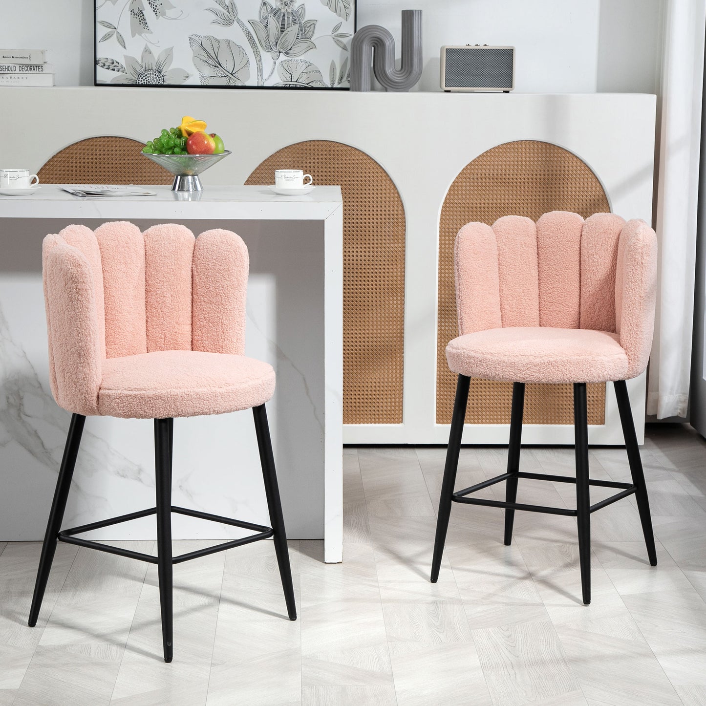 HOMCOM Faux Cashmere Bar Stools Set of 2 Counter Height Back for Kitchen 20.5"x19.7"x36.6" Pink Seating | Dipra Home