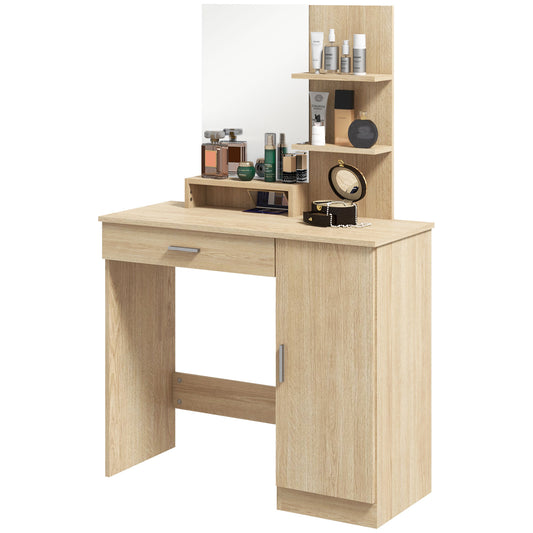 HOMCOM Dressing Table, Vanity Table with Mirror, Drawer and Storage Shelves for Bedroom, 35.4" x 15" x 54.3", Maple Wood | Dipra Home