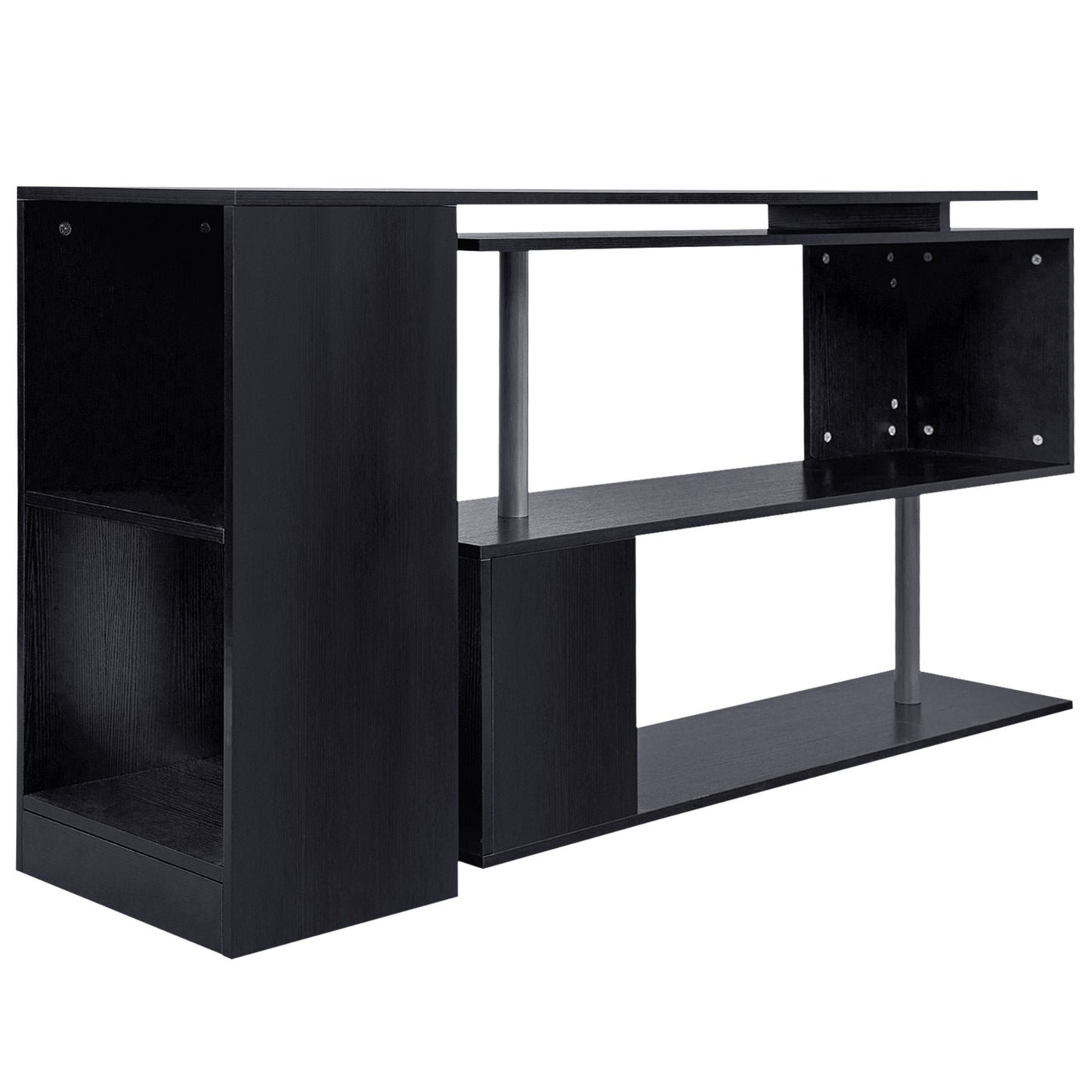 HOMCOM 55" Black Corner Computer Desk - 360° Rotating L-Shaped Workstation with 3-Tier Shelves & Bookshelf | Dipra Home