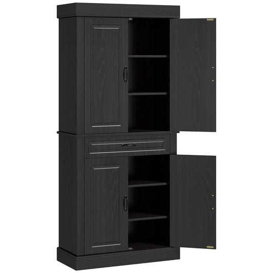 HOMCOM 71" Freestanding Kitchen Pantry with 4 Doors and 2 Cabinets, Tall Storage Cabinet for Kitchen, Distressed Black | Dipra Home