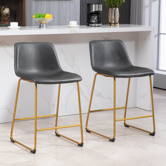 HOMCOM Bar Stools Set of 2 PU Leather Padded Seats Kitchen Counter Height Stools Modern Design Dark Grey | Dipra Home