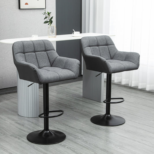 HOMCOM Adjustable Bar Stools Set of 2 Swivel Tufted Fabric with Footrest Armrests PU Leather Back Grey | Dipra Home