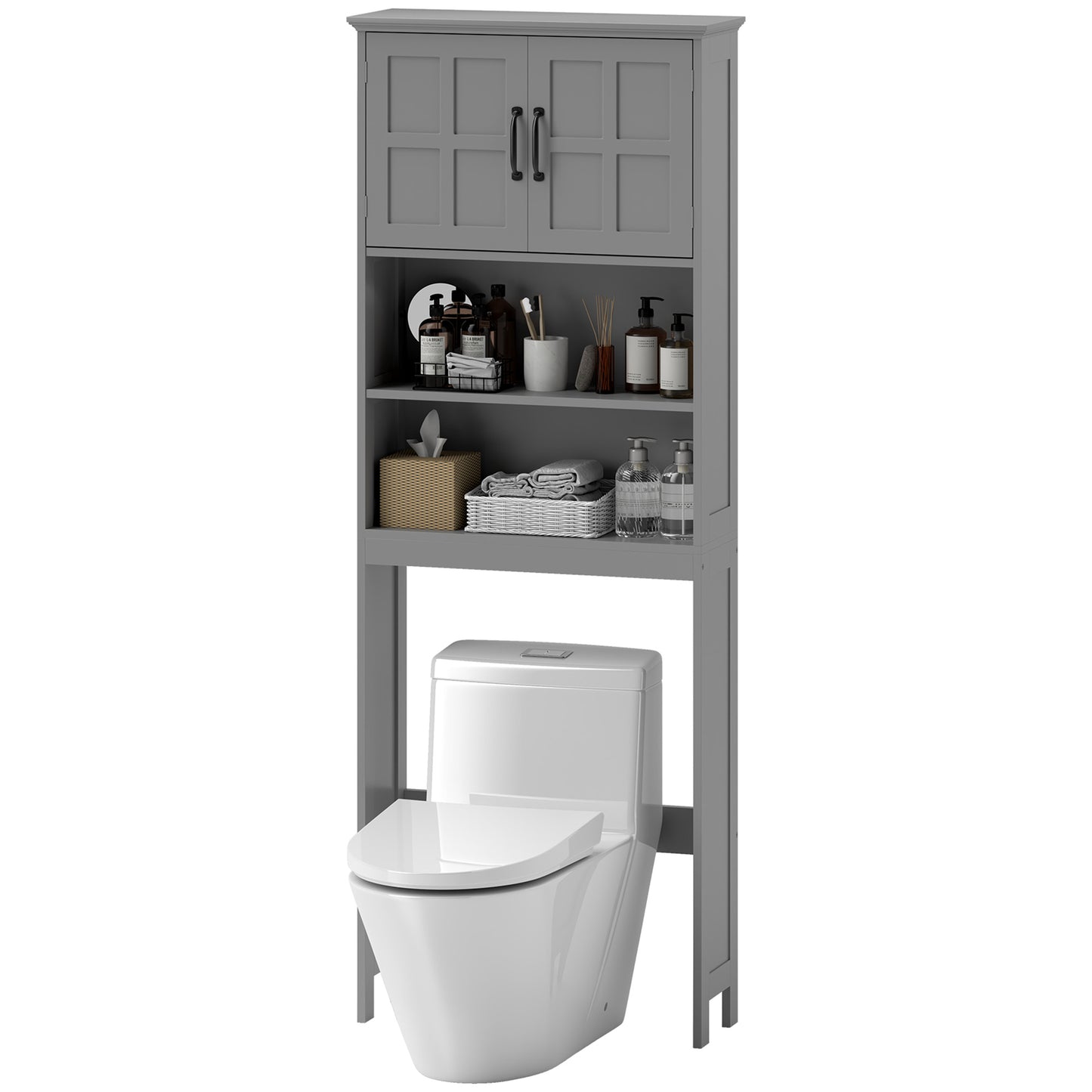 kleankin Modern Over The Toilet Storage, Bathroom Cabinets Over Toilet with Open Shelves and Double Door Cabinet, Grey | Dipra Home