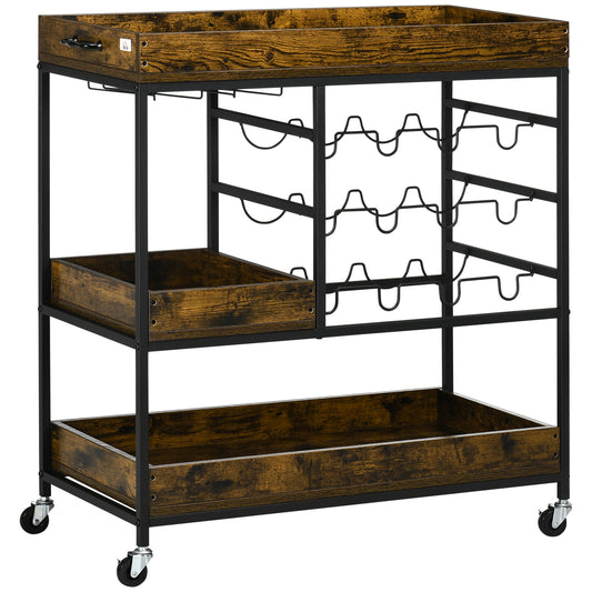 HOMCOM Rustic Refinement: 3-Tier Kitchen Cart on Wheels with Wine Racks, Glass Holders, Handles for Dining Room Storage, Brown Hue | Dipra Home