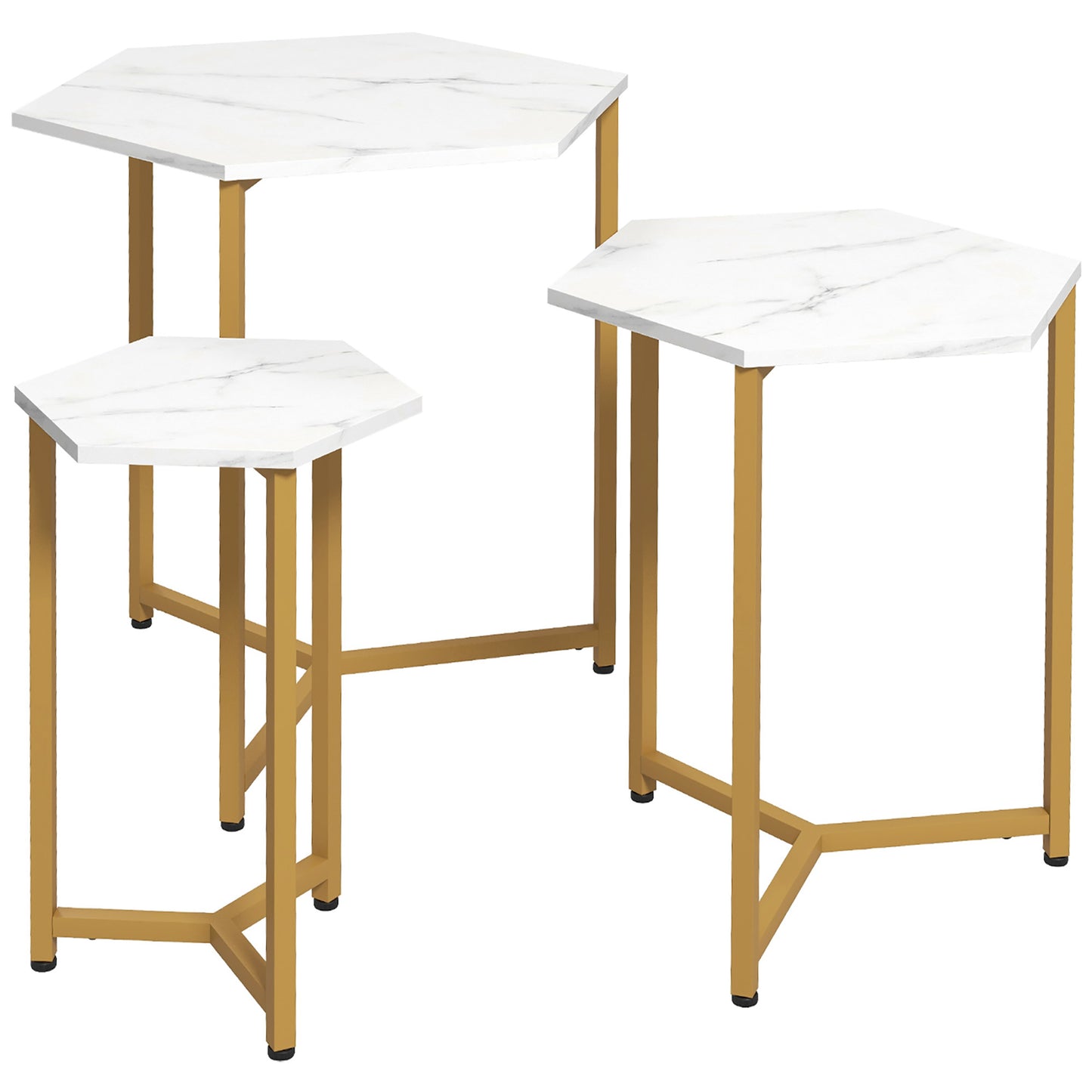 HOMCOM Luxe Nesting Tables: Set of 3 Hexagon Side End Tables with Marble-Effect Top and Steel Legs for Living Room, Bedroom | Dipra Home