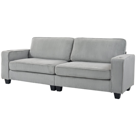 HOMCOM Three Seater Sofa, Fabric 3 Seater Couch with Spring Cushion and Cup Holders for Living Room, Bedroom, Light Grey | Dipra Home