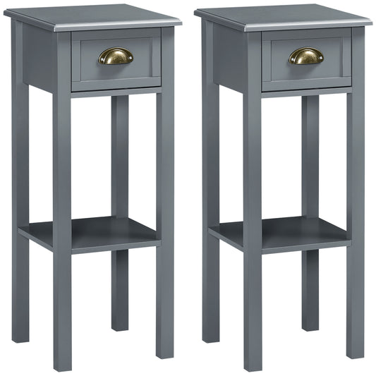 HOMCOM Tall Nightstands: Set of 2 Narrow 2-Tier End Tables with Drawer and Shelf, Slim Wooden Side Tables for Living Room, Bedroom | Dipra Home