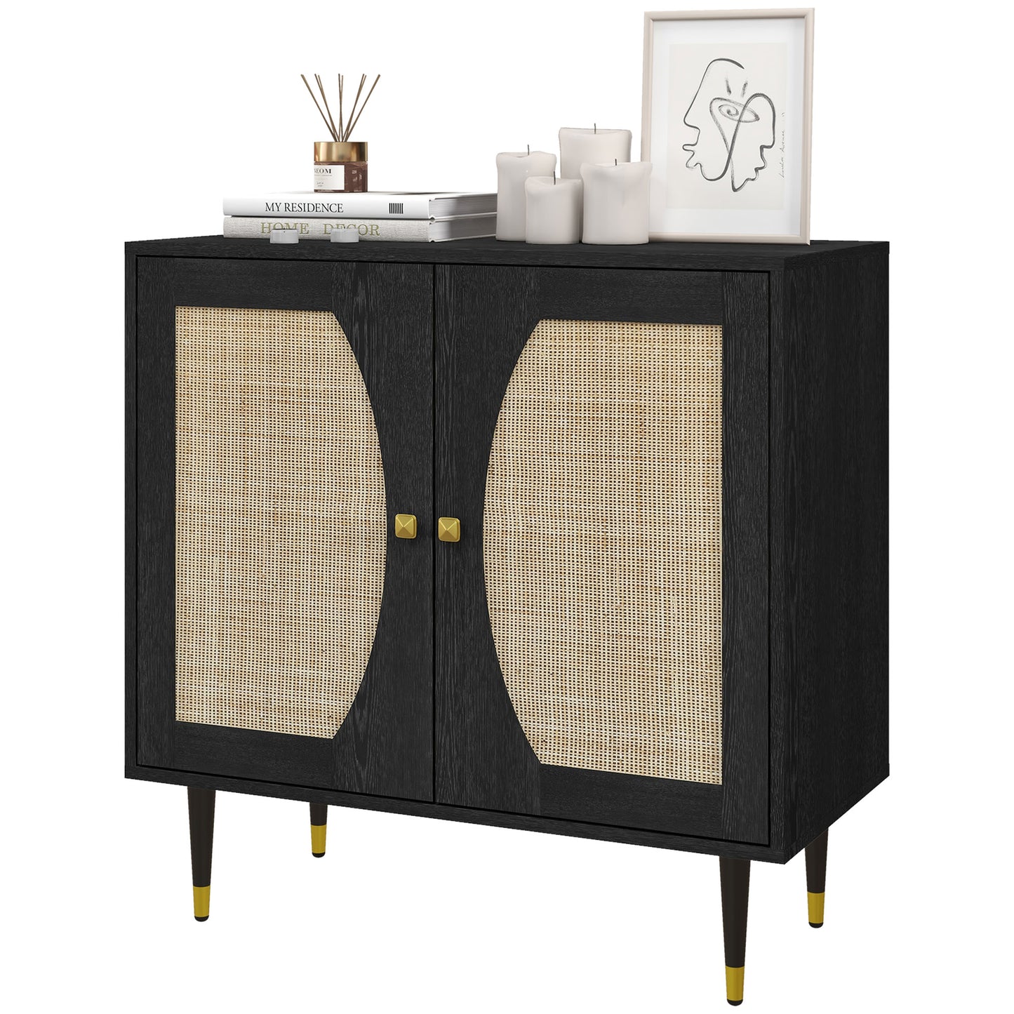 HOMCOM Boho Black TV Stand Cabinet: Buffet with Rattan Doors, Adjustable Shelf & Space for TVs up to 42 Inches | Dipra Home