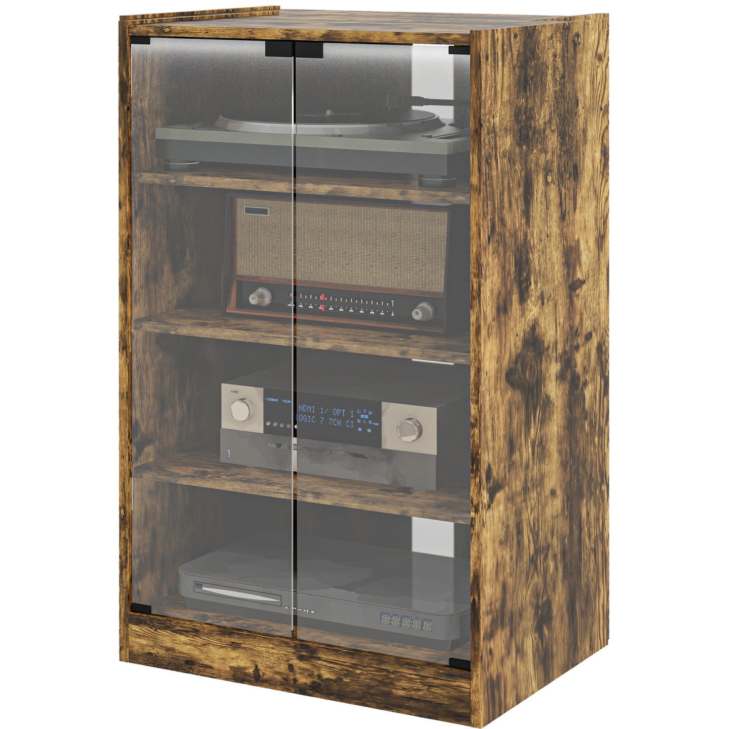 HOMCOM Rustic Brown 5-Tier Media Cabinet with Adjustable Shelves, Tempered Glass Doors & Cable Management | Dipra Home