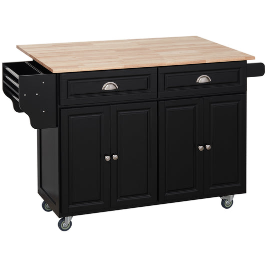 HOMCOM Utility Cart: Kitchen Island, Wheels, Drop-Leaf, Rubber Wood Countertop, Storage Drawers, Cabinets, Black | Dipra Home