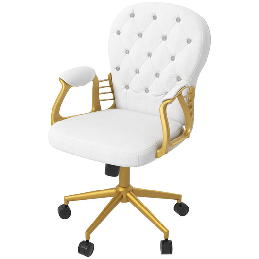 Vinsetto Velvet Desk Chair Button Tufted Swivel Adjustable Height Tilt Function Cream White | Dipra Home