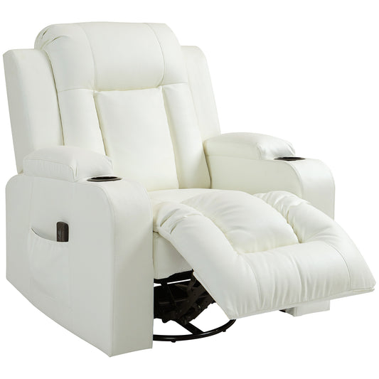 HOMCOM Massage Recliner Chair for Living Room with 8 Vibration Points, PU Leather Manual Reclining Chair with Cup Holders, Swivel Base, Rocking Function, Cream White | Dipra Home