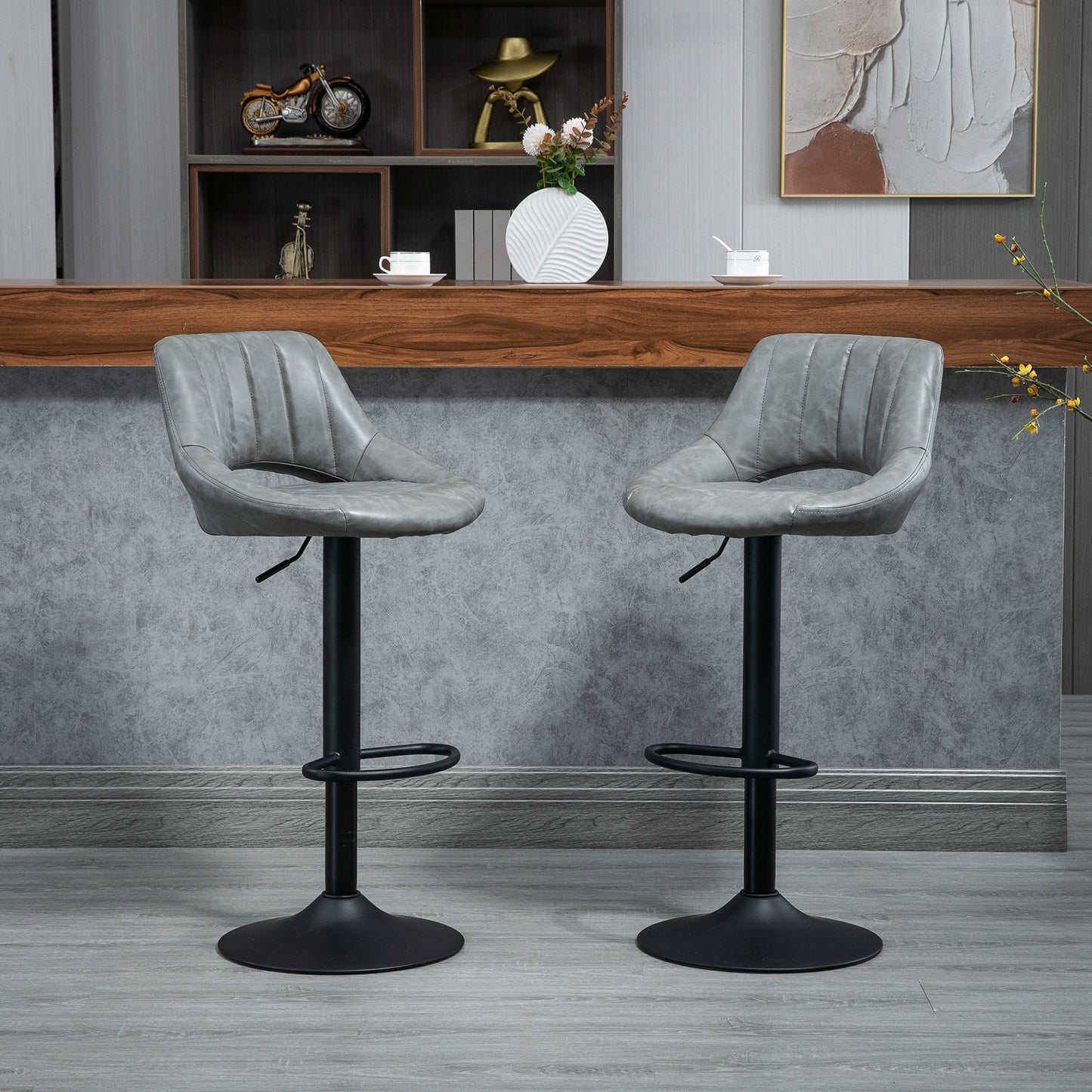 HOMCOM Swivel Bar Stools - Modern Set of 2, Counter Height with Round Heavy Metal Base & Footrest in Grey | Dipra Home