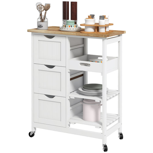 HOMCOM Kitchen Island Cart on Wheels Rolling Utility Cart with Wood Top 3 Drawers Shelves for Dining Room White | Dipra Home