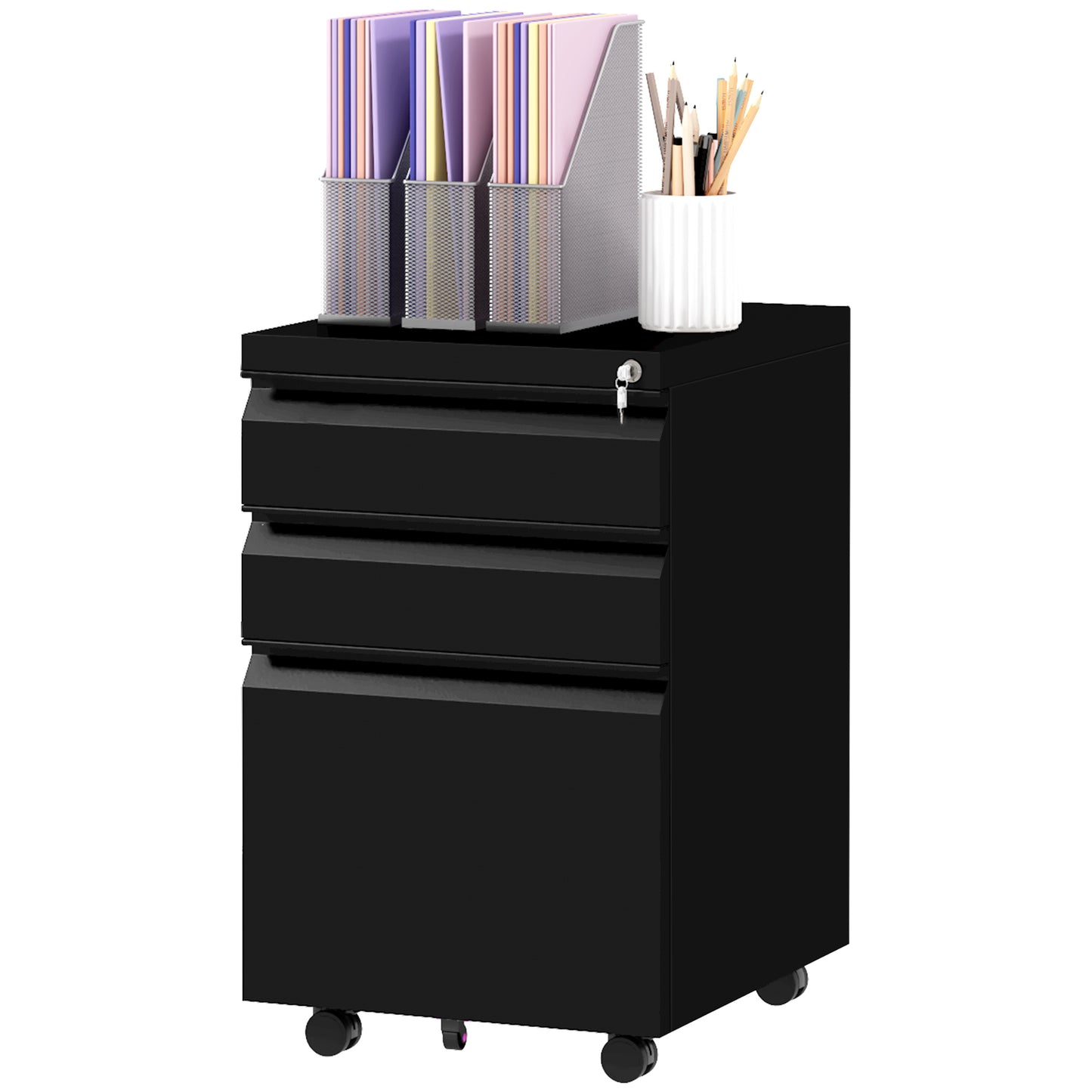 Vinsetto Secure File Tower: 3-Drawer Vertical Cabinet on Wheels with Lock for Adjustable Letter-Size Document Storage, Black | Dipra Home