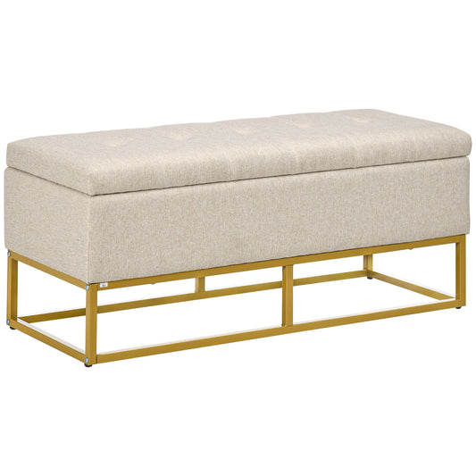 HOMCOM Linen Luxury: Upholstered Storage Bench with Steel Legs, Beige Fabric Ottoman for Bedroom, Living Room Seating | Dipra Home