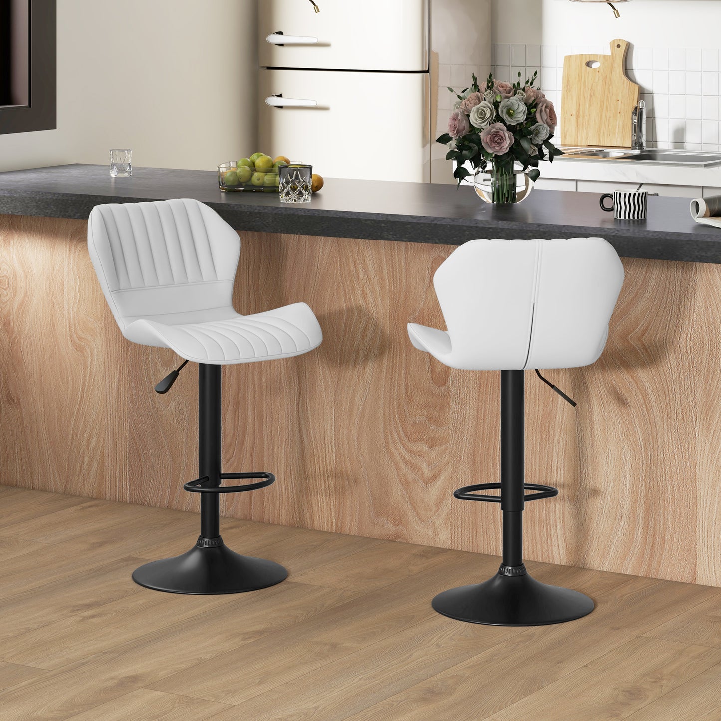 HOMCOM Set of 2 Shell Back PU Leather Adjustable Swivel Bar Stools Chrome Base Footrest for Kitchen Counter White | Dipra Home