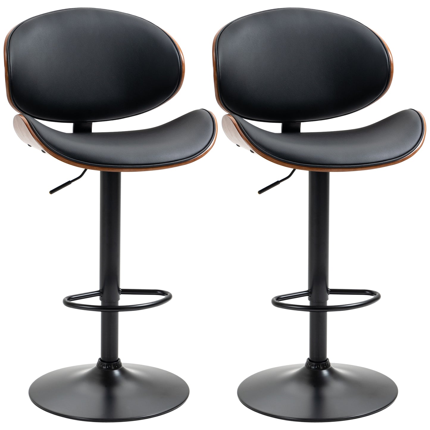 HOMCOM Bar Stools Set of 2 PU Leather Swivel Bar Chairs Curved Back Footrest Steel Base Black for Kitchen Counter | Dipra Home