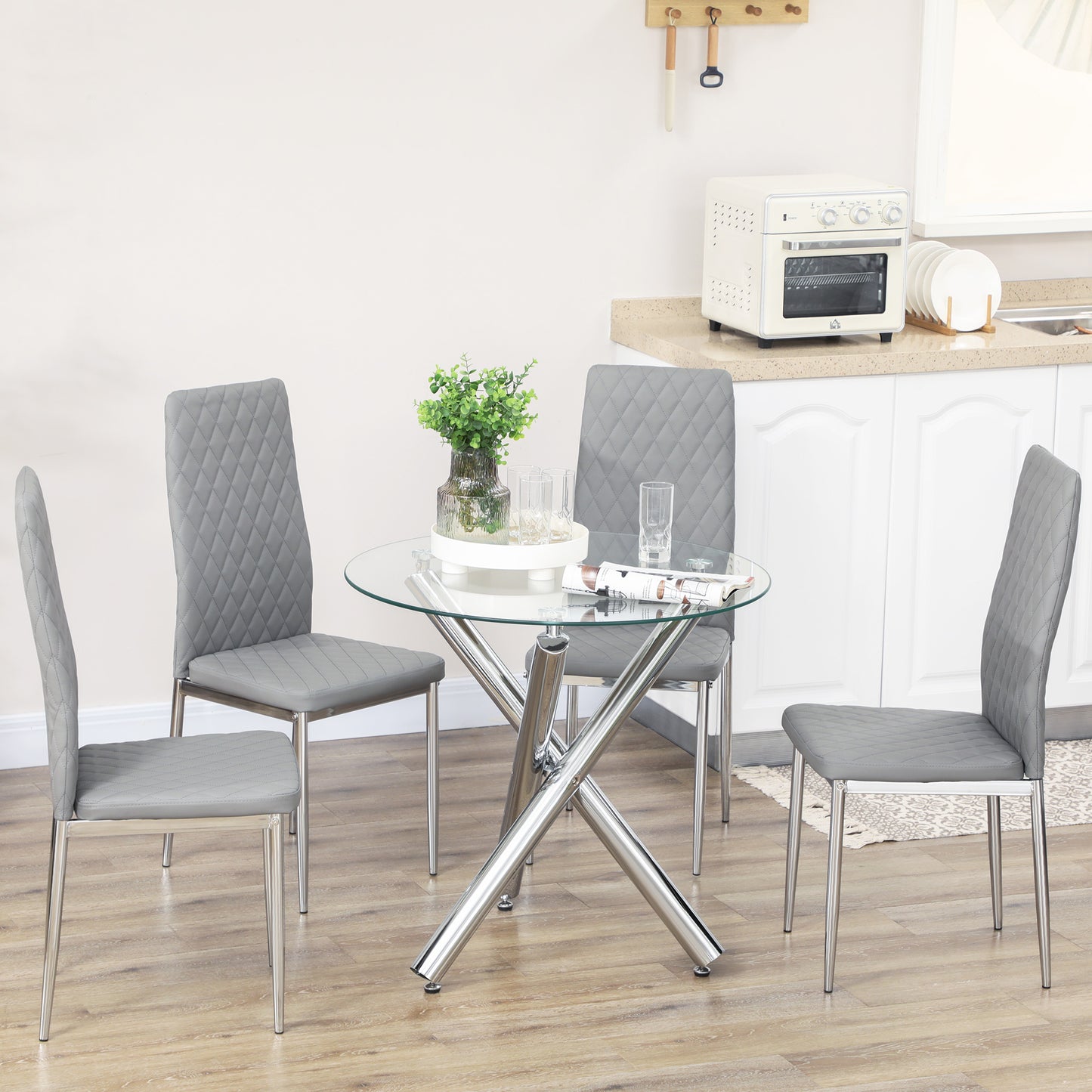 HOMCOM Set of 4 Modern Faux Leather Dining Chairs with Steel Legs for Kitchen Comfortable Design Grey | Dipra Home