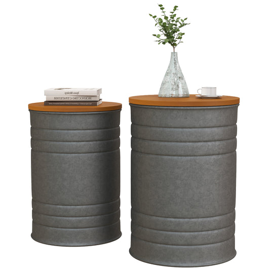 HOMCOM Round Side Table Set of 2, Nesting Coffee Tables w/ Wooden Lid, Galvanized Sheet Frame and Hidden Storage Space, Grey | Dipra Home