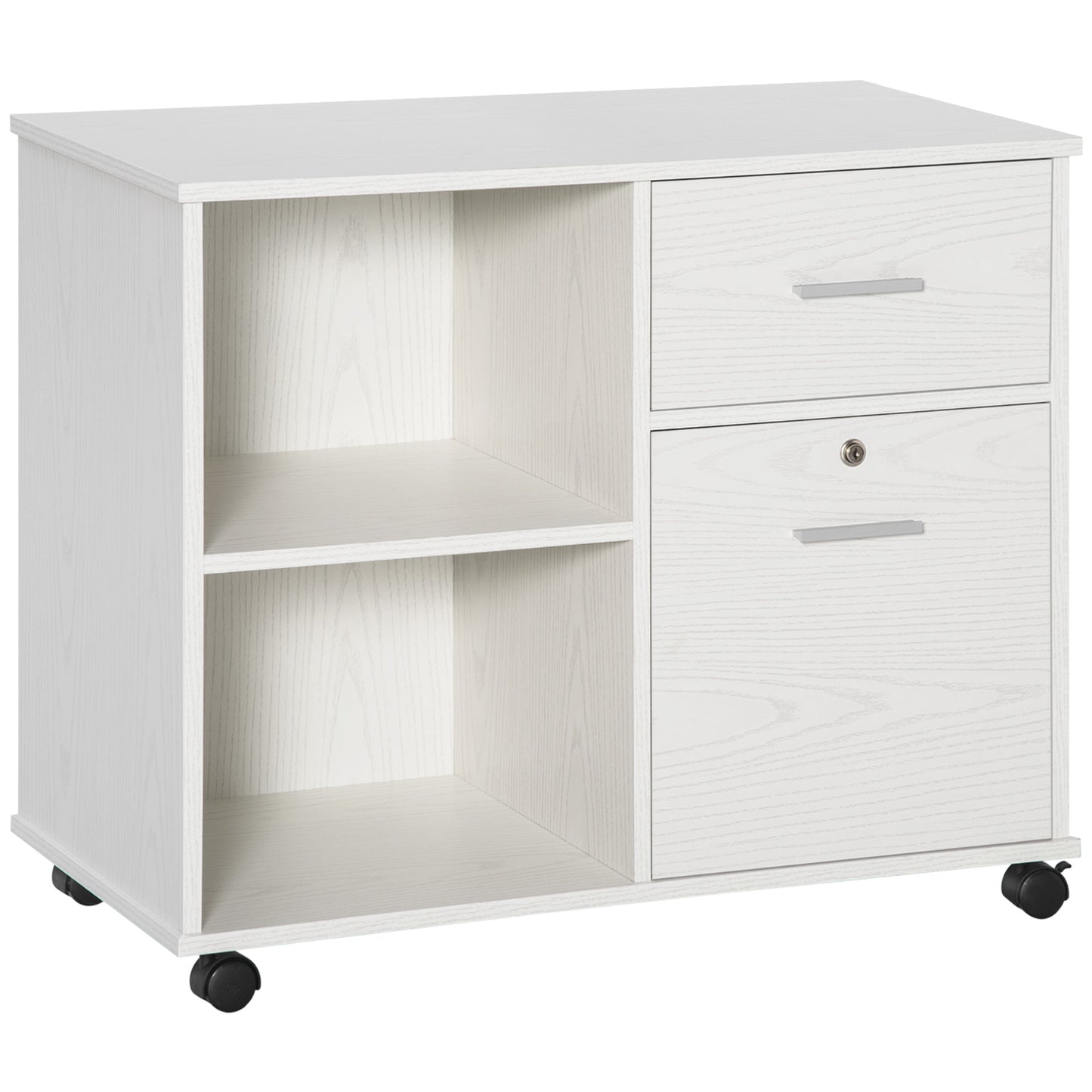 Vinsetto Mobile Lateral File Cabinet: Wheels, Open Shelves, Drawers for A4 Documents, White | Dipra Home