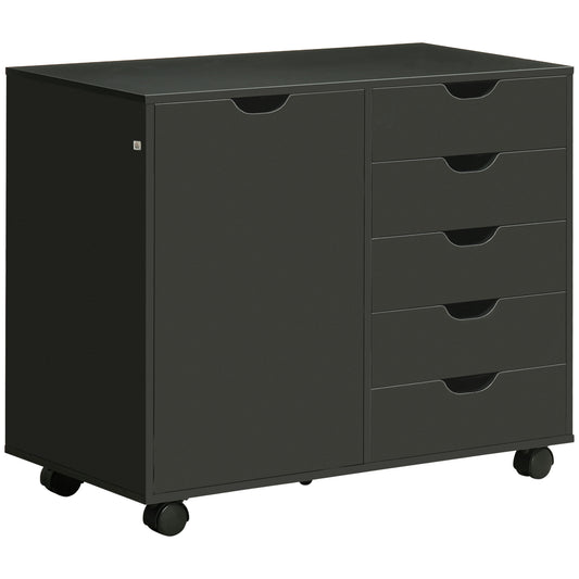 HOMCOM Modern Mobile 5-Drawer Chest with Door, Storage Cabinet, Dresser on Wheels, Printer Stand for Home Office, Black | Dipra Home