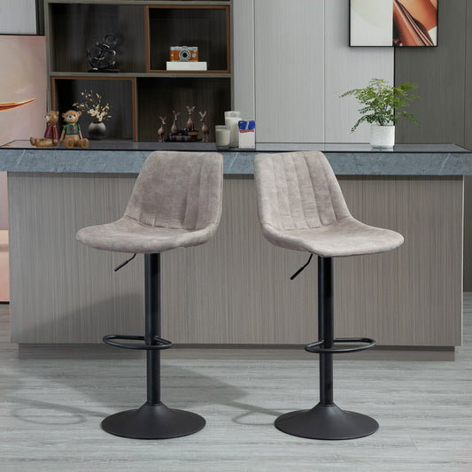 HOMCOM Adjustable Barstool Pair: Microfiber Swivel Barstools with Back Footrest, Upholstered Bar Chairs for Kitchen, Grey | Dipra Home