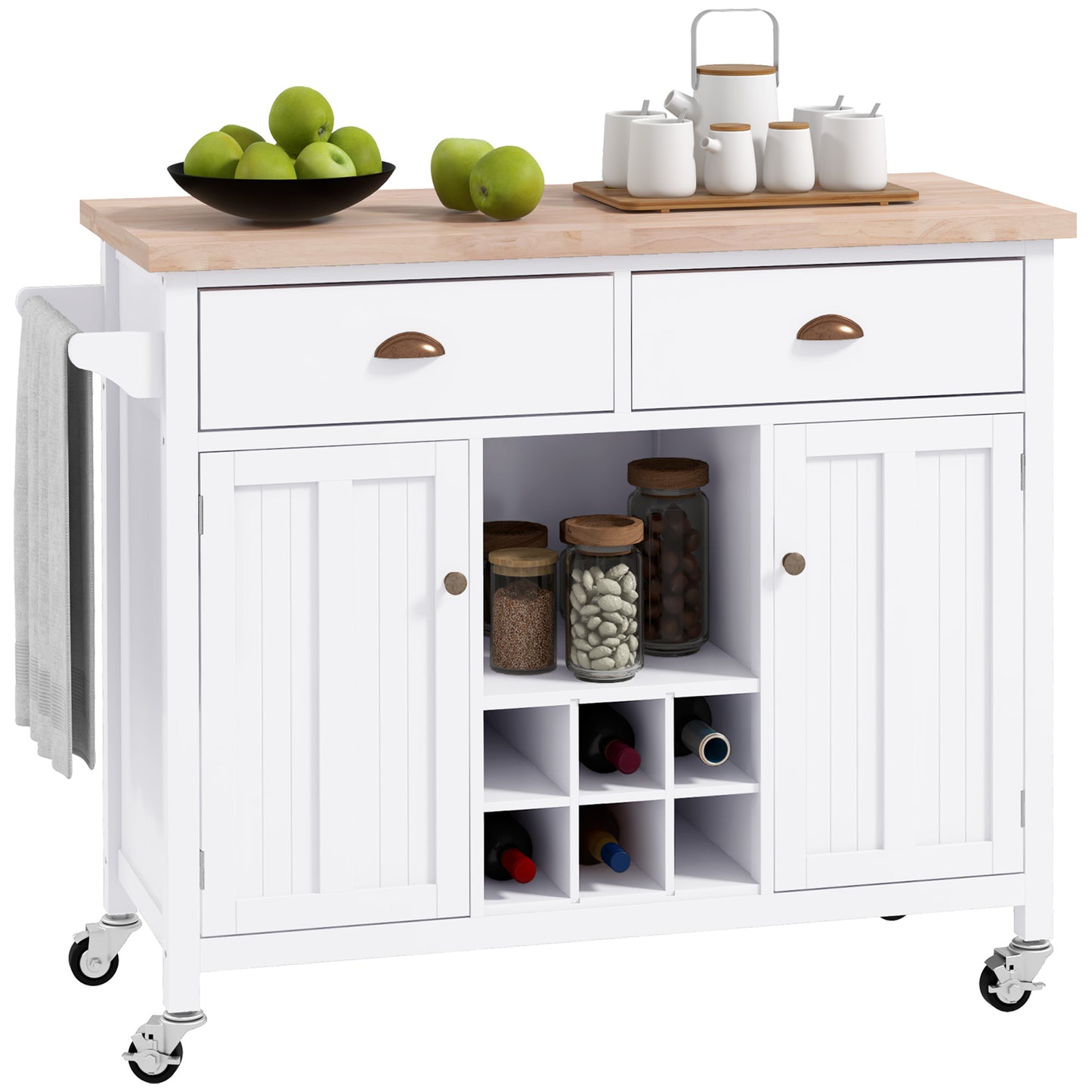 HOMCOM Mobile Culinary Companion: Kitchen Island Bar Cart on Wheels with Storage Drawers, Cabinets, and Wine Rack, White Finish | Dipra Home