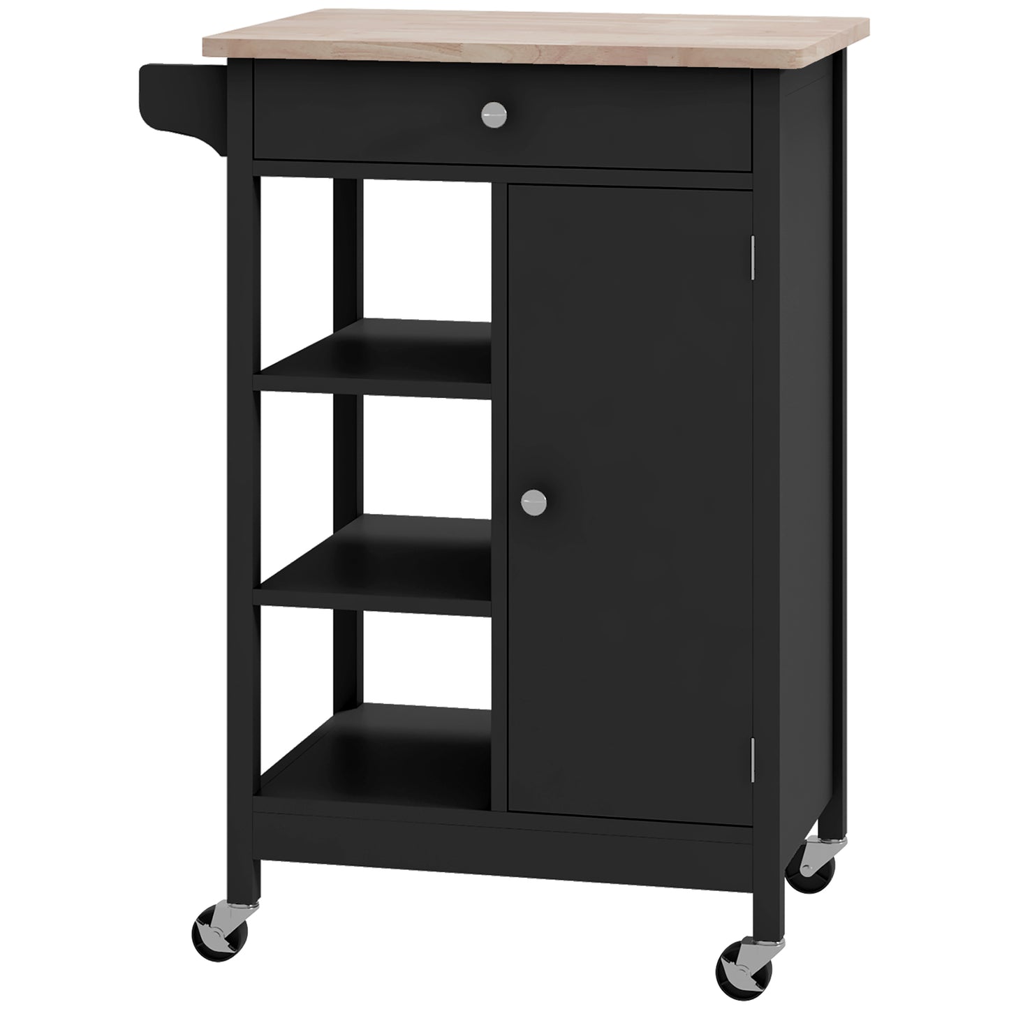 HOMCOM Modern Black Kitchen Island: Natural Wood Cart with Drawer, Towel Rack & Mobile Storage Design | Dipra Home