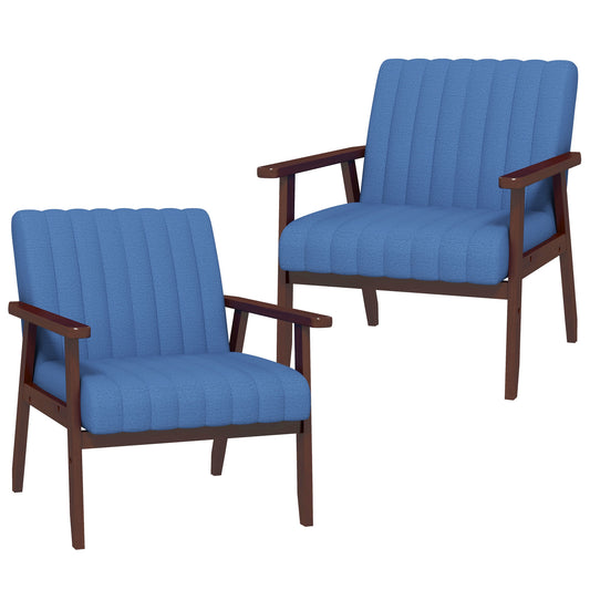 HOMCOM 2 Piece Accent Chair Set Modern Upholstered Armchair Wooden Legs Living Room Dark Blue | Dipra Home