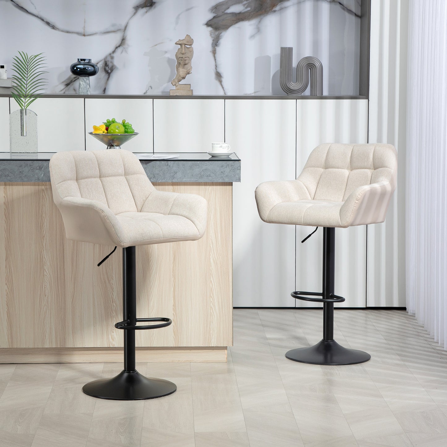 HOMCOM Swivel Barstools Set of 2 Adjustable Bar Stools Footrest Armrests PU Leather Back Dining Cream White Seating | Dipra Home