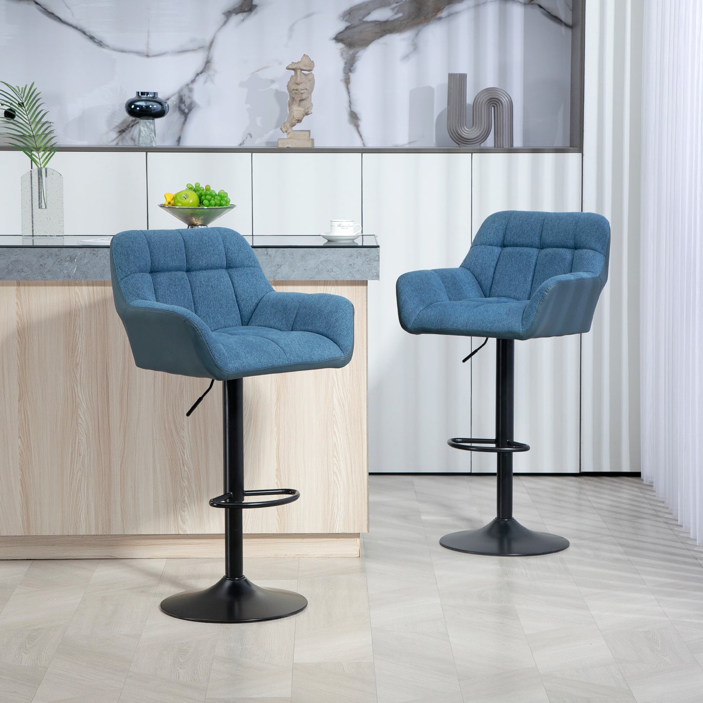 HOMCOM Swivel Barstools Set of 2 Adjustable Bar Stools Footrest Armrests PU Leather Back Dining Dark Blue Seating | Dipra Home