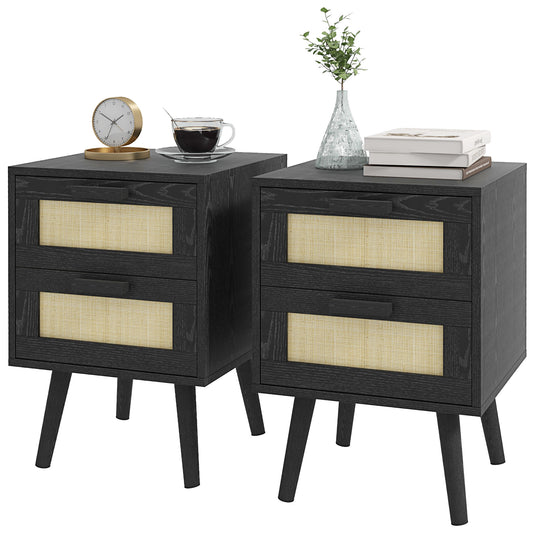 HOMCOM Boho Nightstands Set of 2 Bedside Tables 2 Drawers Living Room Bedroom Furniture Black | Dipra Home