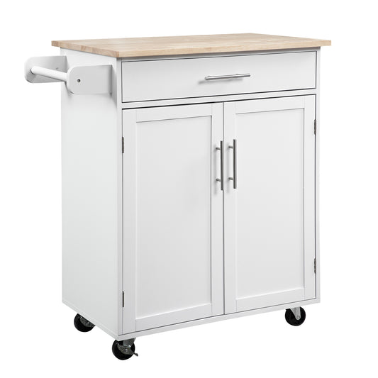 HOMCOM Wooden Kitchen Island Cart: White Rolling Serving Trolley with Storage Drawer, Towel Bar & Wheeled Mobility | Dipra Home