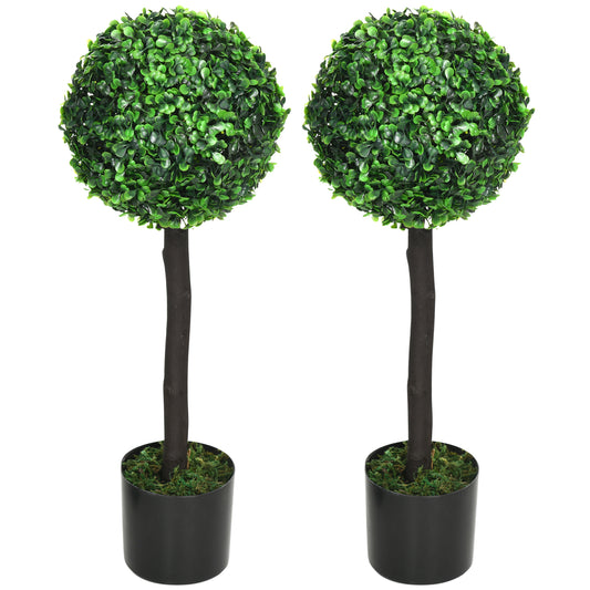 HOMCOM 2ft Artificial Boxwood Ball Trees: Set of 2 Fake Plants in Pot for Indoor Outdoor, Green | Dipra Home