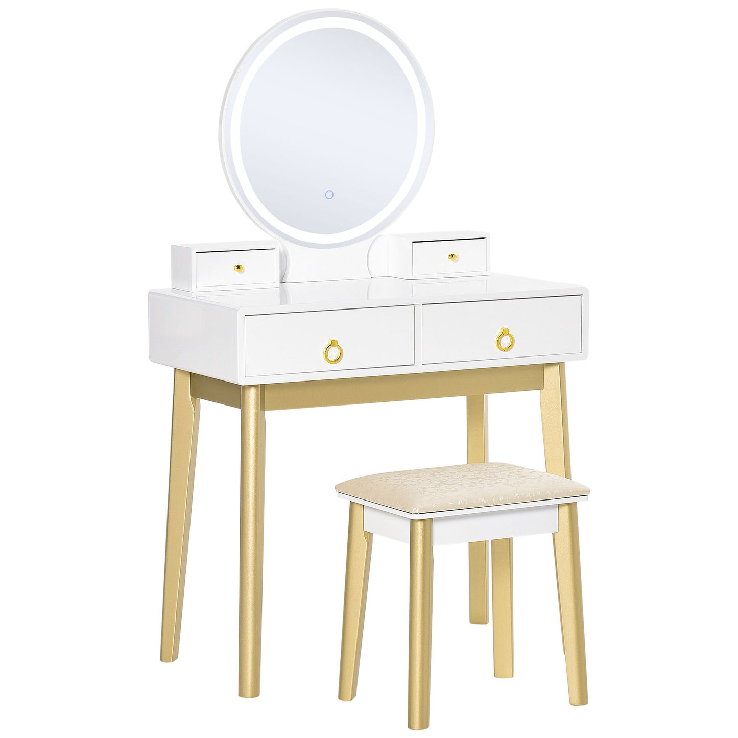 HOMCOM Makeup Vanity Set with LED Light Round Mirror 4 Drawers Cushioned Stool White | Dipra Home