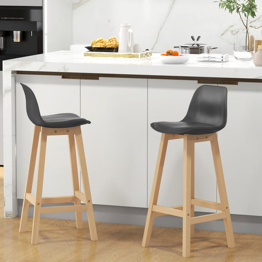 HOMCOM Set of 2 Bar Height Stools Black PU Leather Upholstered with Backs Modern Kitchen Island Chairs | Dipra Home