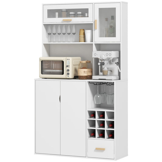 HOMCOM Coffee Bar Cabinet Kitchen Hutch Wine Storage Microwave Countertop Drawer Tempered Glass Doors White Stylish Versatile Furniture | Dipra Home