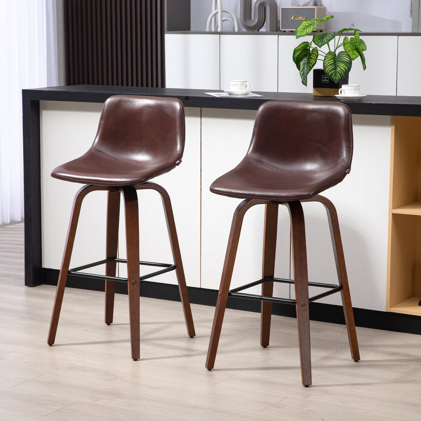 HOMCOM Counter Height Bar Stools Set of 2 Mid-Back PU Leather Chairs Wood Legs Brown | Dipra Home