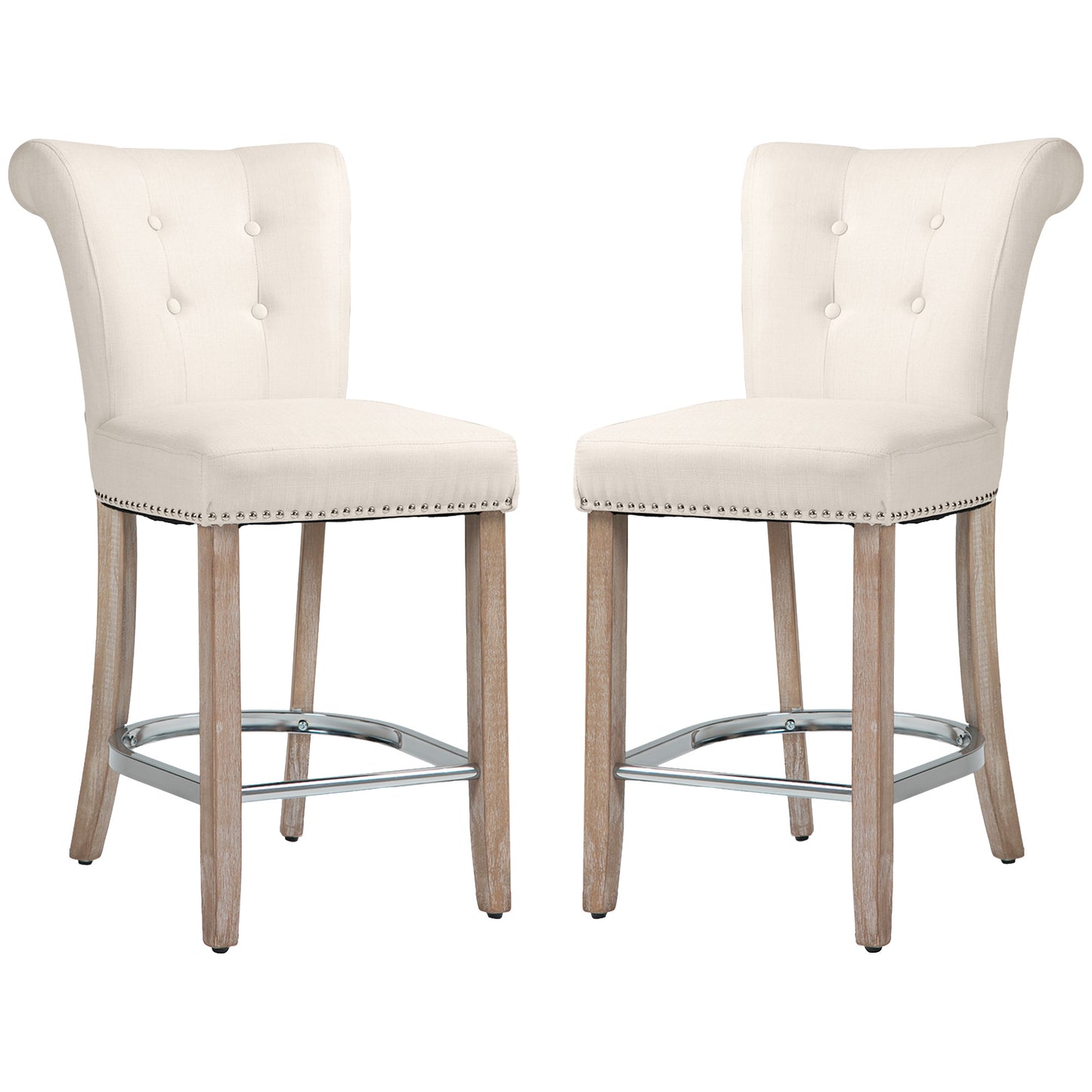 HOMCOM Bar Stools Set of 2, Upholstered Counter Height Stools with Button Tufted Back, Wood Legs and Footrest, Cream White | Dipra Home