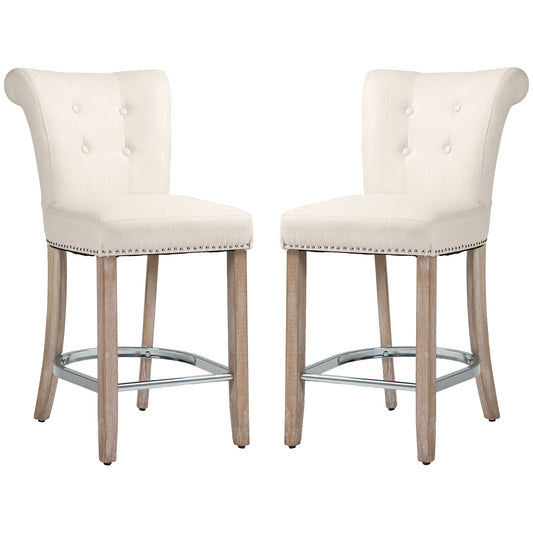 HOMCOM Bar Stools Set of 2, Upholstered Counter Height Stools with Button Tufted Back, Wood Legs and Footrest, Cream White | Dipra Home