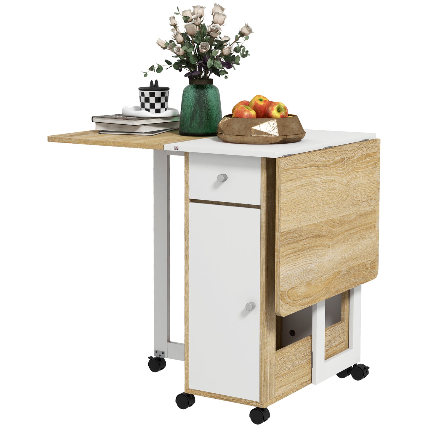 HOMCOM Foldable Dining Table for Small Spaces with Drawers Cabinet Caster Wheels Oak Movable Drop Leaf | Dipra Home